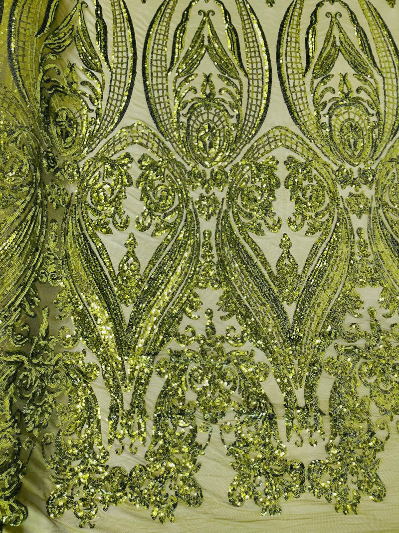 Damask Sequins - Olive - Damask Sequin Design on 4 Way Stretch Fabric By Yard