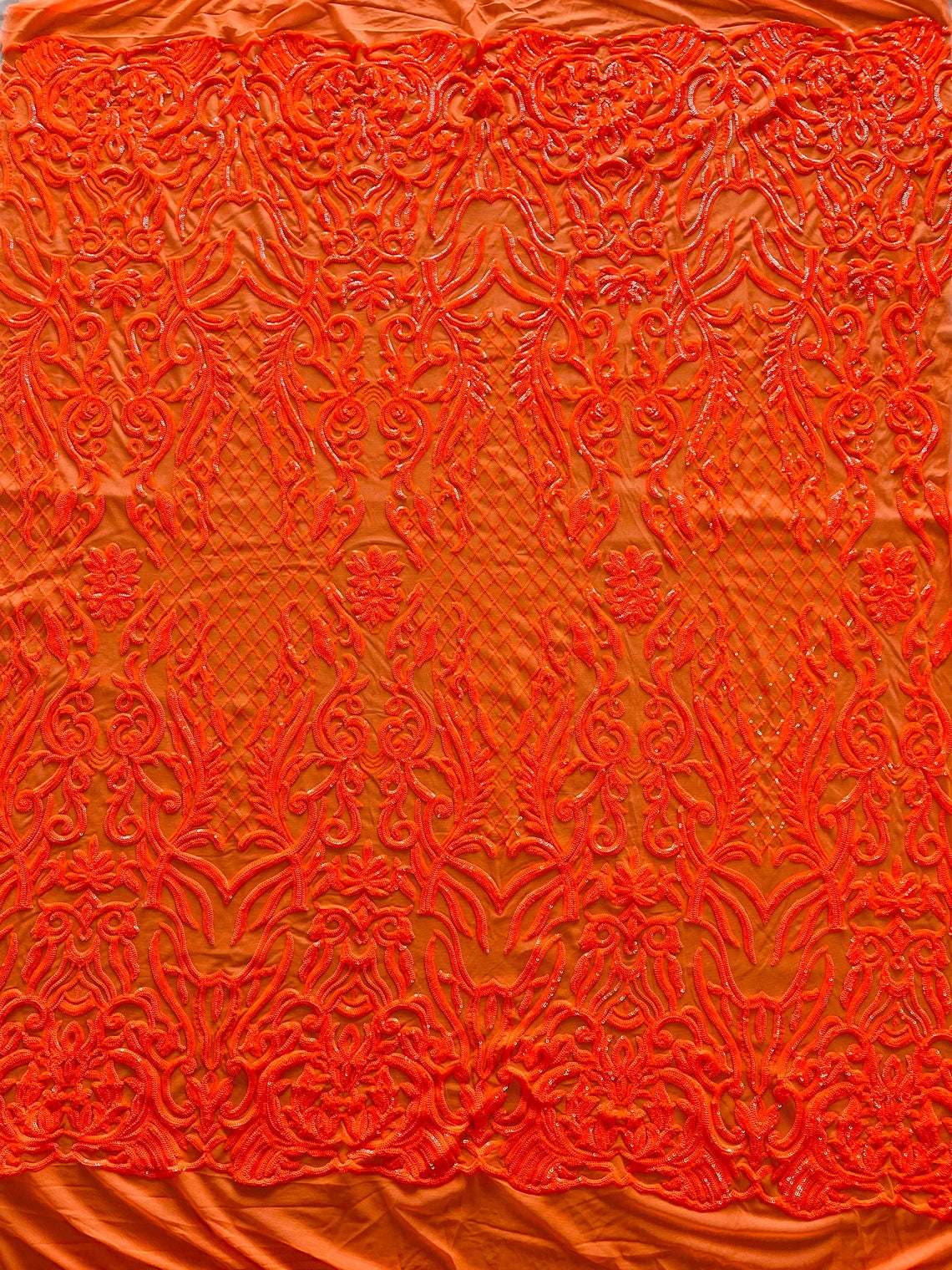 4 Way Stretch Fabric Design - Neon Orange - Fancy Net Sequins Design F