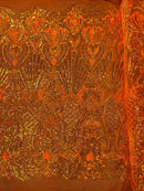 Damask Geometric Sequins - Orange - 4 Way Stretch Sequins Design Sold By Yard