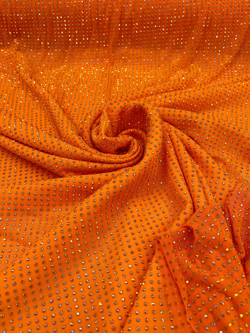 Rhinestones Power Mesh Fabric - Orange - 4 Way Stretch Power Mesh Crystal RhineStones Sold by Yard