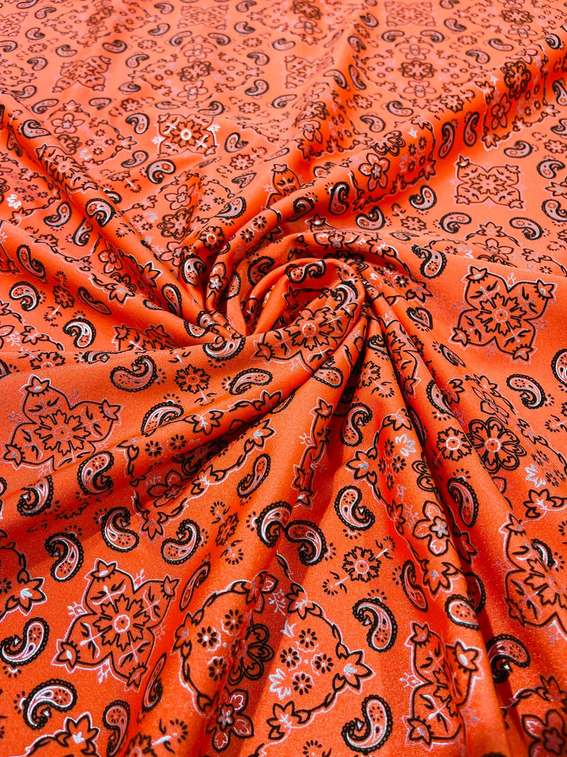 Bandana Spandex Print Fabrics - Orange - Bandana Design Stretch Spandex Fabric By Yard