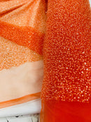 Beaded Lace 3D Fabric - Orange - Handmade Heavy Embroidery Beaded Lace Fabric By Yard