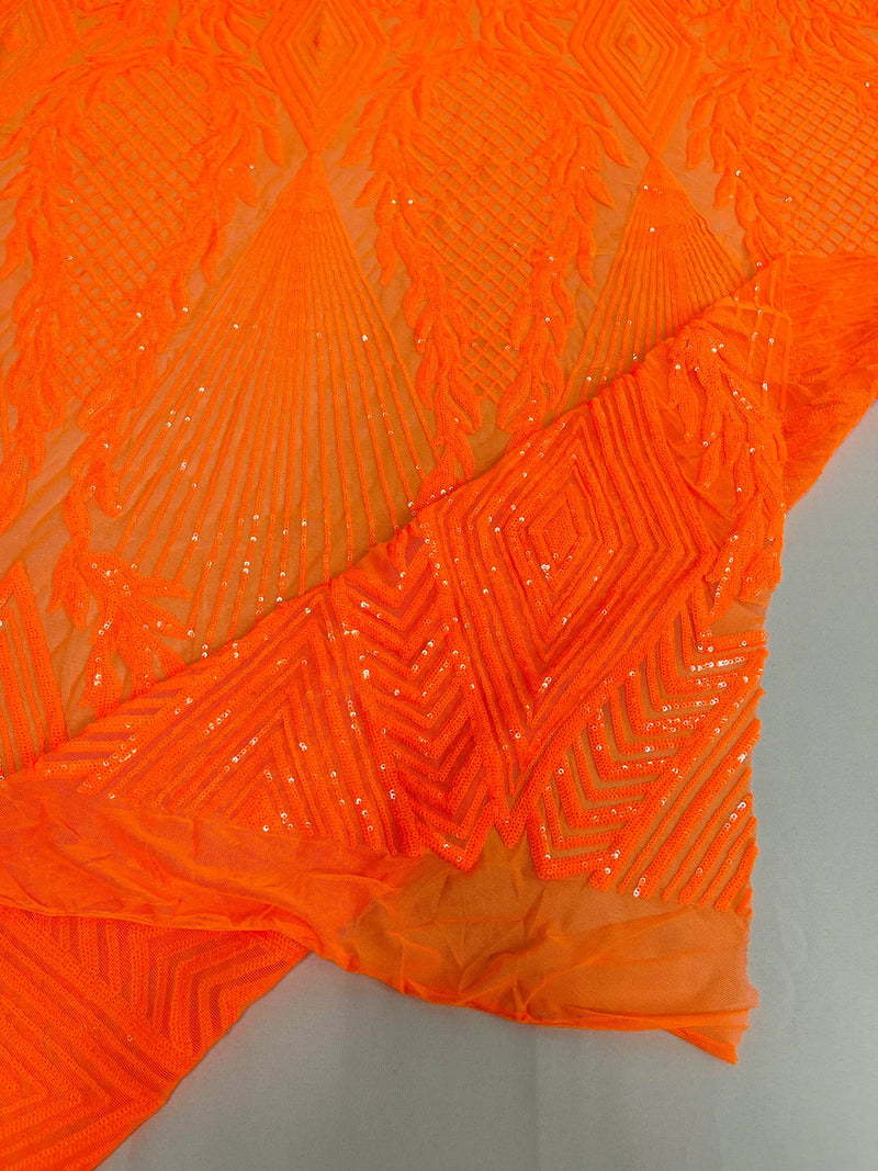 Triangle Pattern Sequins - Neon Orange - 4 Way Stretch Fabric Sequins Geometric Design  By Yard