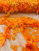 3D Rose Plant Fabric - Orange - Embroidered Flower Design Rose Fabric Sold by Yard