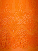 Floral Star Leaf Design - Orange - 4 Way Stretch Sequin Floral Design on Mesh By Yard