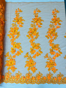 3D Rose Plant Fabric - Orange - Embroidered Flower Design Rose Fabric Sold by Yard