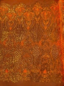 Damask Geometric Sequins - Orange - 4 Way Stretch Sequins Design Sold By Yard