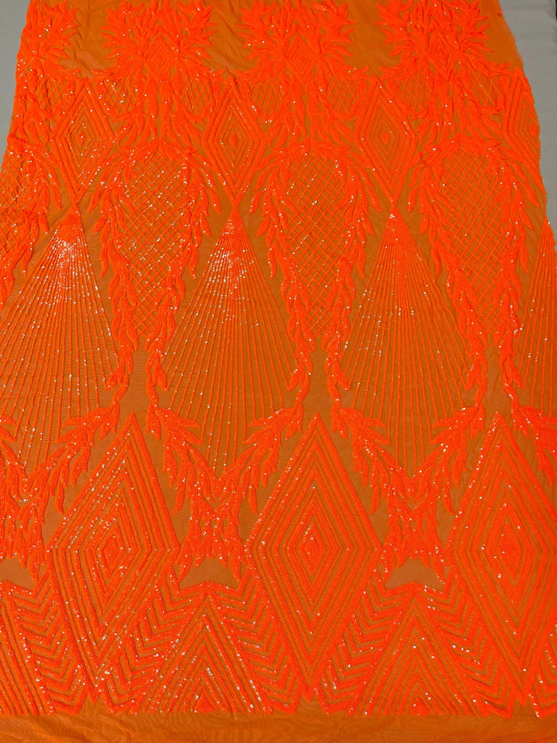 Triangle Pattern Sequins - Neon Orange - 4 Way Stretch Fabric Sequins Geometric Design  By Yard