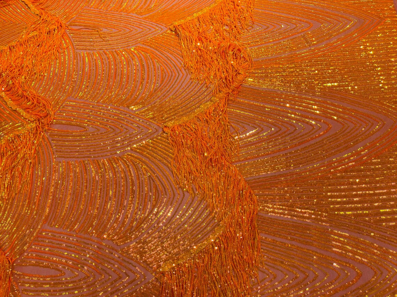 Fringe Sequins Design - Orange - Fringe Design Embroidered on a  4 Way Stretch Lace Mesh (Pick A Size)