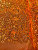 Damask Geometric Sequins - Orange - 4 Way Stretch Sequins Design Sold By Yard