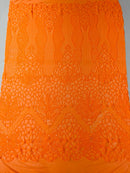Floral Star Leaf Design - Orange - 4 Way Stretch Sequin Floral Design on Mesh By Yard