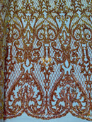 Heart Shape Sequins Fabric - Orange / Gold Iridescent - 4 Way Stretch Sequins Damask Fabric By Yard