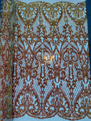 Heart Shape Sequins Fabric - Orange / Gold Iridescent - 4 Way Stretch Sequins Damask Fabric By Yard