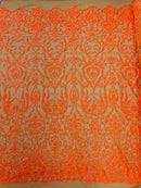 Damask Fancy Pattern Fabric - Orange Holographic - 4 Way Stretch Sequins Prom Design By Yard