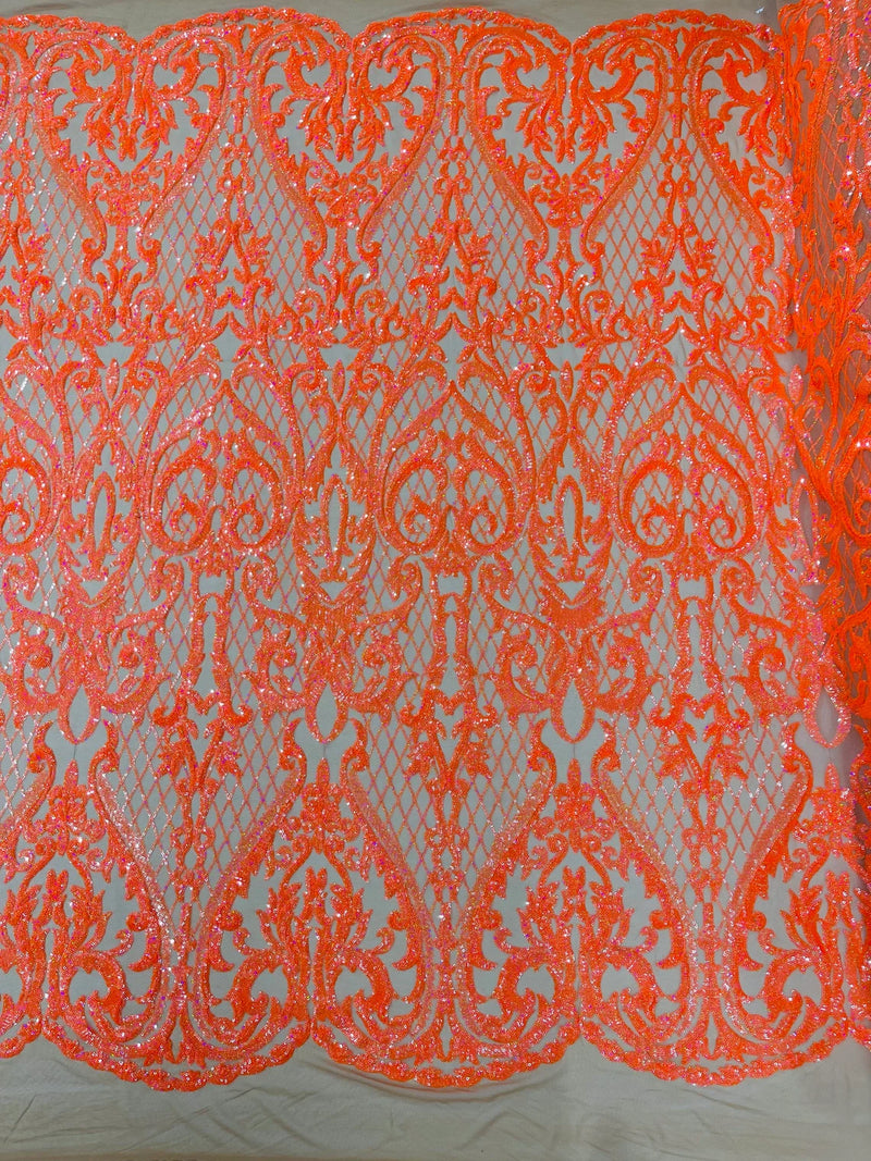 Heart Shape Sequins Fabric - Orange Holographic on Nude - 4 Way Stretch Sequins Damask Fabric By Yard