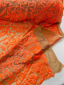Damask Fancy Pattern Fabric - Orange Holographic - 4 Way Stretch Sequins Prom Design By Yard