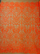 Damask Fancy Pattern Fabric - Orange Holographic - 4 Way Stretch Sequins Prom Design By Yard