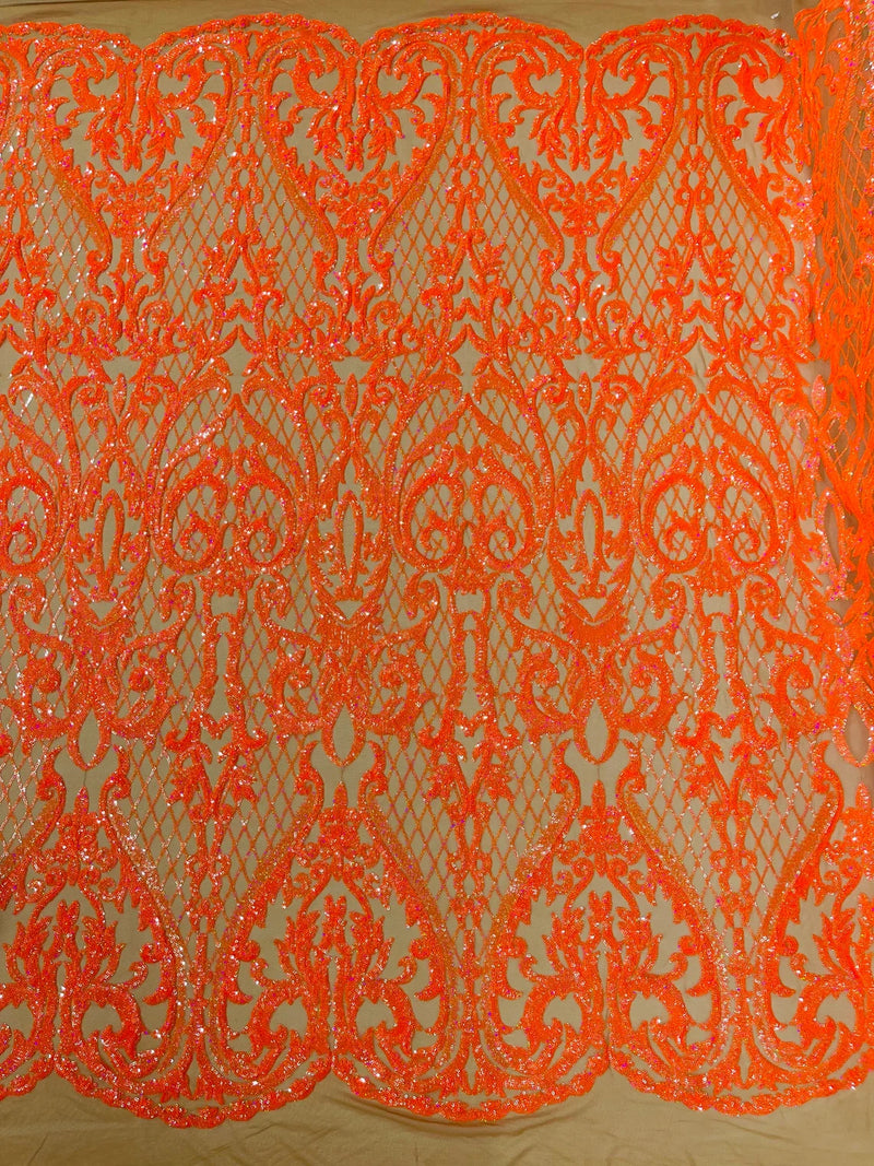 Heart Shape Sequins Fabric - Orange Holographic on Nude - 4 Way Stretch Sequins Damask Fabric By Yard