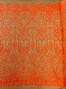Damask Fancy Pattern Fabric - Orange Holographic - 4 Way Stretch Sequins Prom Design By Yard