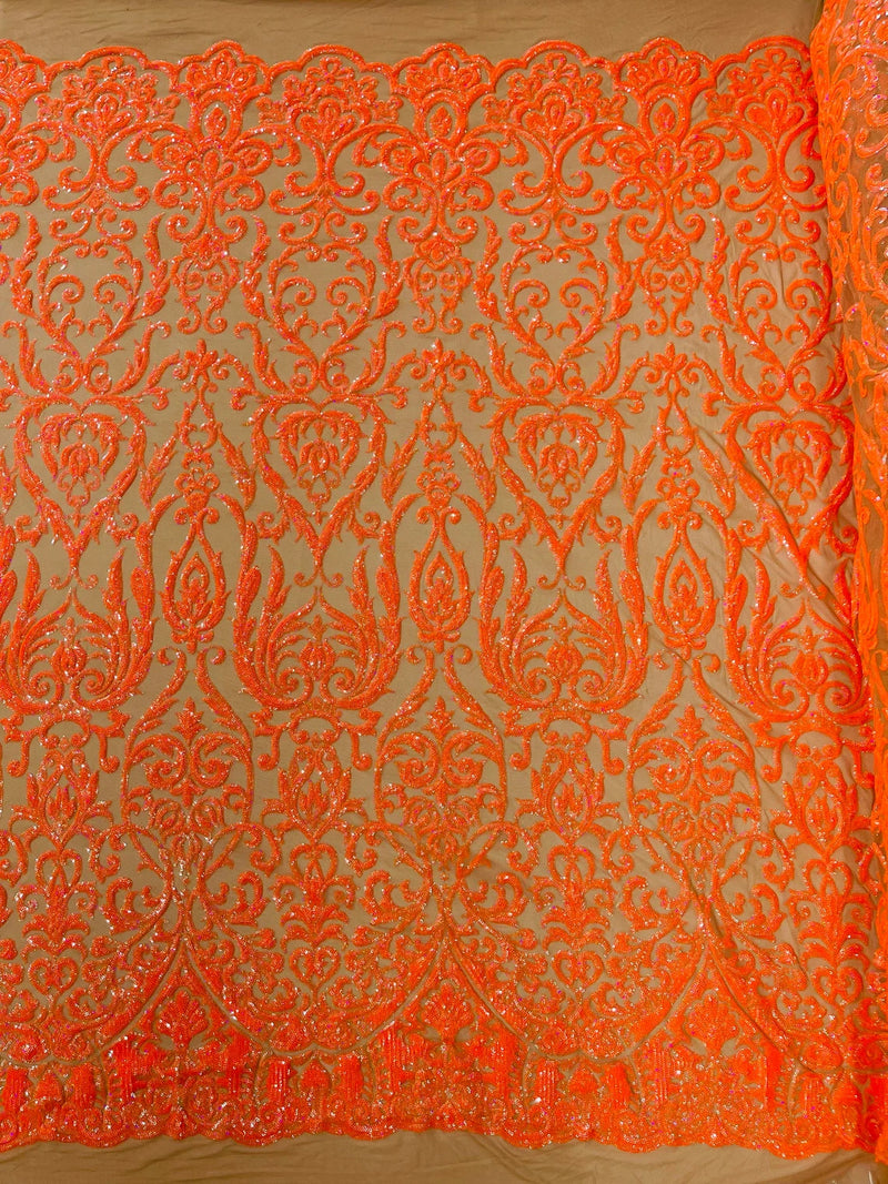 Damask Fancy Pattern Fabric - Orange Holographic - 4 Way Stretch Sequins Prom Design By Yard