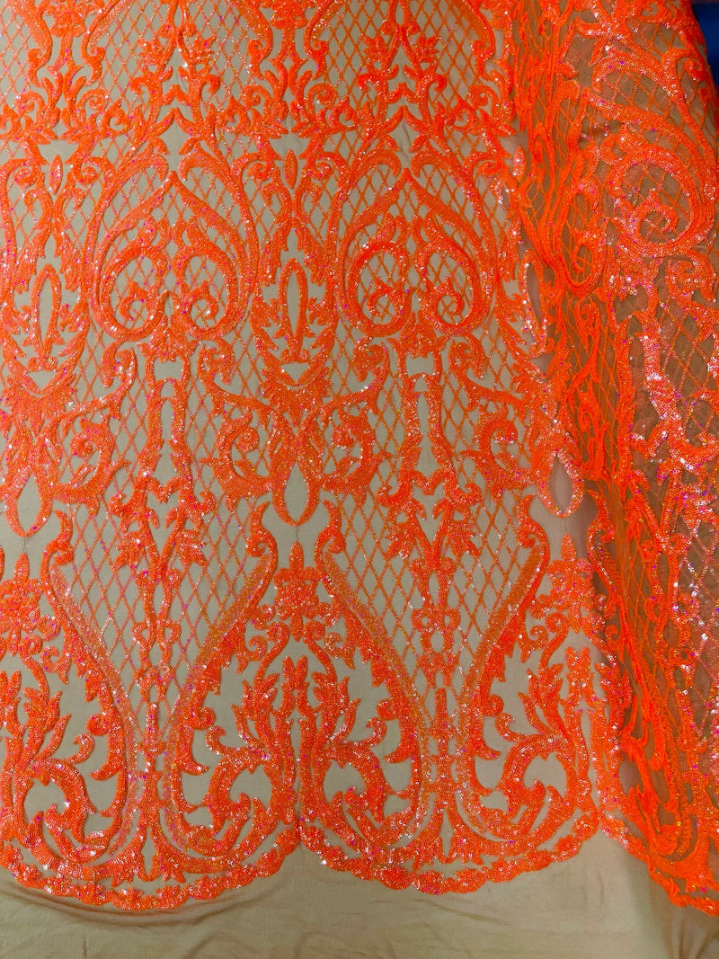 Heart Shape Sequins Fabric - Orange Holographic on Nude - 4 Way Stretch Sequins Damask Fabric By Yard