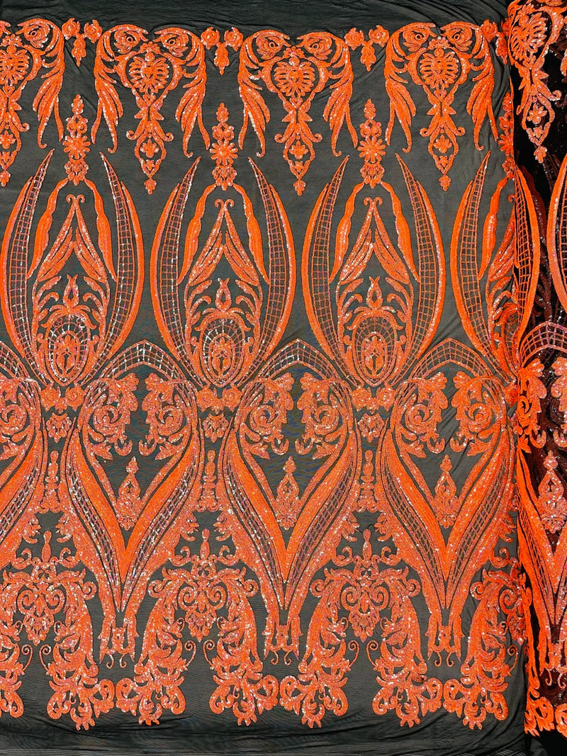 Damask Sequins - Orange on Black - Damask Sequin Design on 4 Way Stretch Fabric By Yard