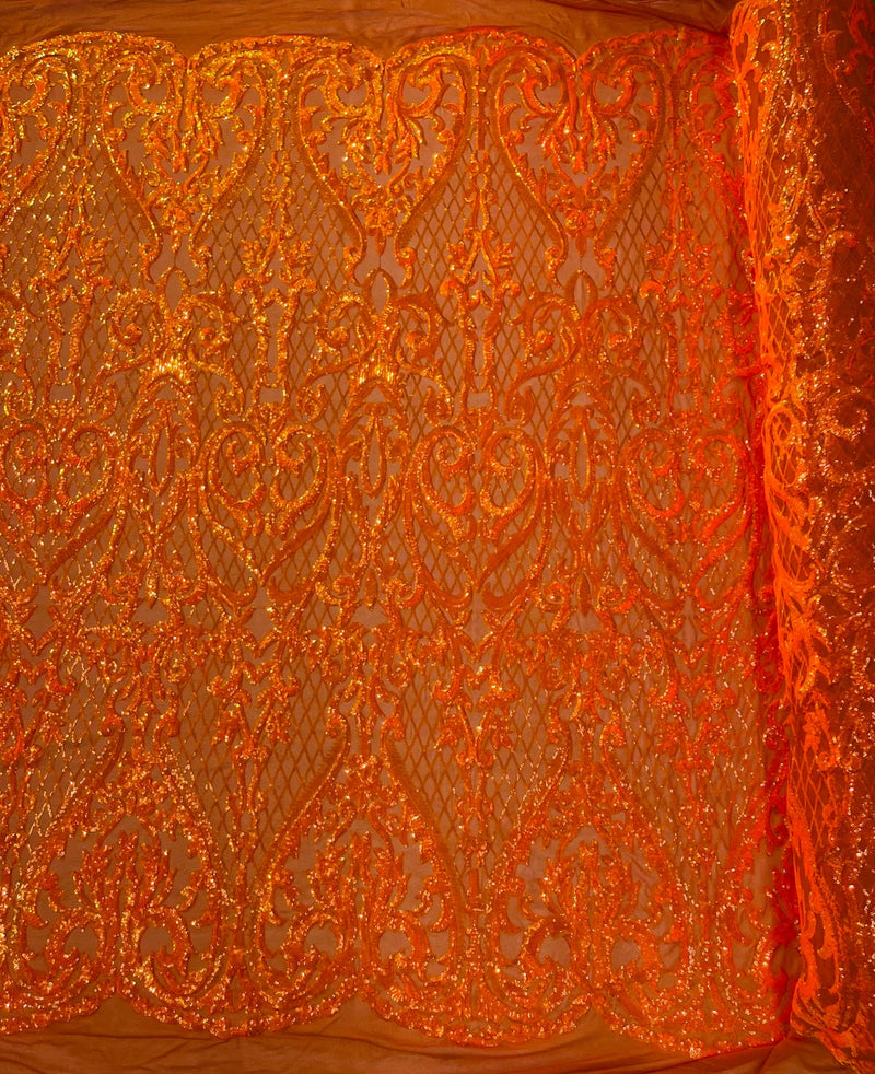 Heart Shape Sequins Fabric - Orange Iridescent - 4 Way Stretch Sequins Damask Fabric By Yard