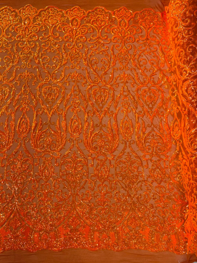 Damask Fancy Pattern Fabric - Orange Iridescent - 4 Way Stretch Sequins Prom Design By Yard