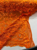 Heart Shape Sequins Fabric - Orange Iridescent - 4 Way Stretch Sequins Damask Fabric By Yard