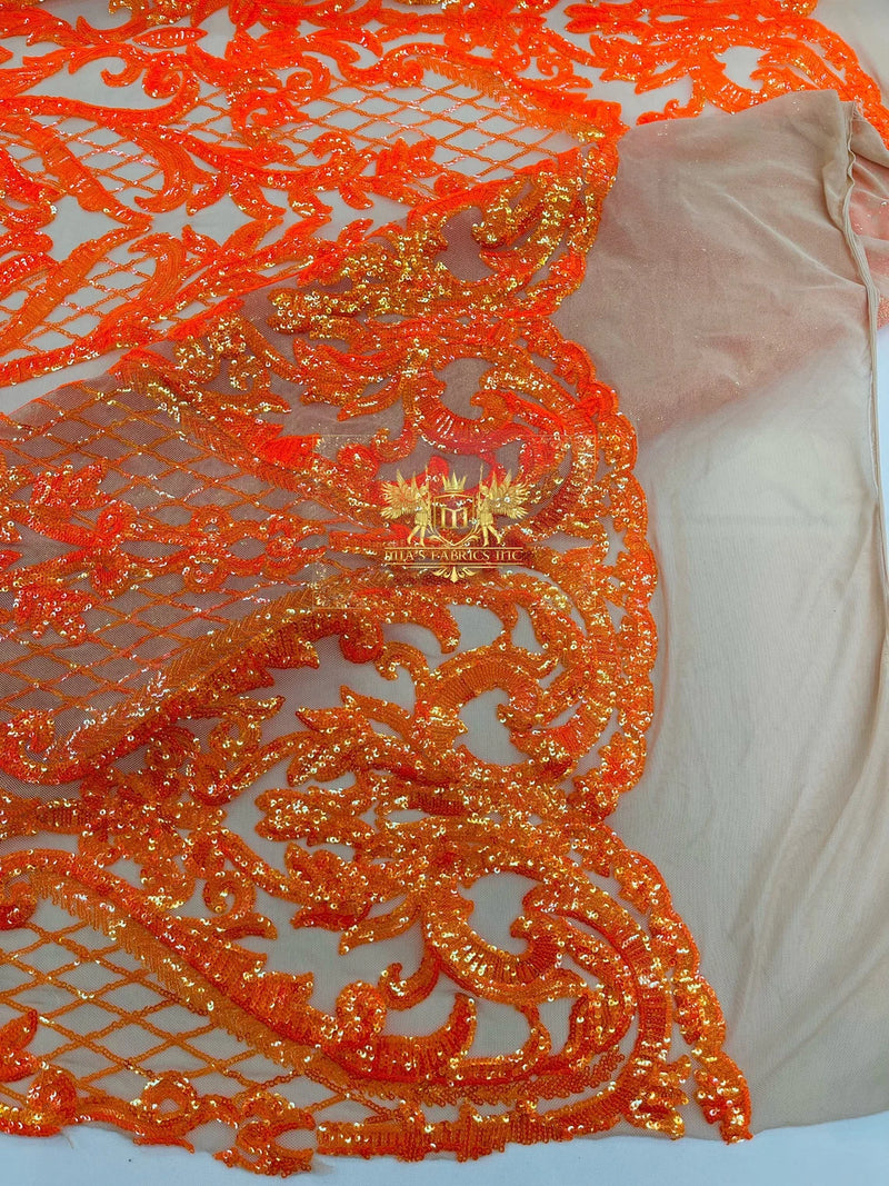 Heart Shape Sequins Fabric - Orange Iridescent - 4 Way Stretch Sequins Damask Fabric By Yard
