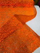 Damask Fancy Pattern Fabric - Orange Iridescent - 4 Way Stretch Sequins Prom Design By Yard