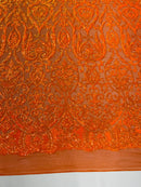 Damask Fancy Pattern Fabric - Orange Iridescent - 4 Way Stretch Sequins Prom Design By Yard