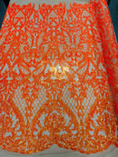 Heart Shape Sequins Fabric - Orange Iridescent - 4 Way Stretch Sequins Damask Fabric By Yard
