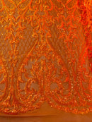 Heart Shape Sequins Fabric - Orange Iridescent - 4 Way Stretch Sequins Damask Fabric By Yard