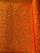 Heart Shape Sequins Fabric - Orange Iridescent - 4 Way Stretch Sequins Damask Fabric By Yard