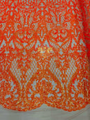 Heart Shape Sequins Fabric - Orange Iridescent - 4 Way Stretch Sequins Damask Fabric By Yard