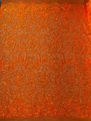 Damask Fancy Pattern Fabric - Orange Iridescent - 4 Way Stretch Sequins Prom Design By Yard