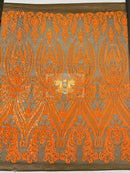 Damask Sequins - Orange on Coffee - Damask Sequin Design on 4 Way Stretch Fabric By Yard