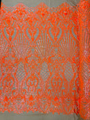 Damask Geometric Sequins - Orange on Nude - 4 Way Stretch Sequins Design Sold By Yard