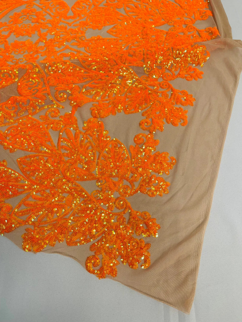 Damask Small Heart Design - Orange on Nude - Floral Heart Design Sequins on Mesh By Yard