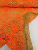 Damask Geometric Sequins - Orange on Nude - 4 Way Stretch Sequins Design Sold By Yard