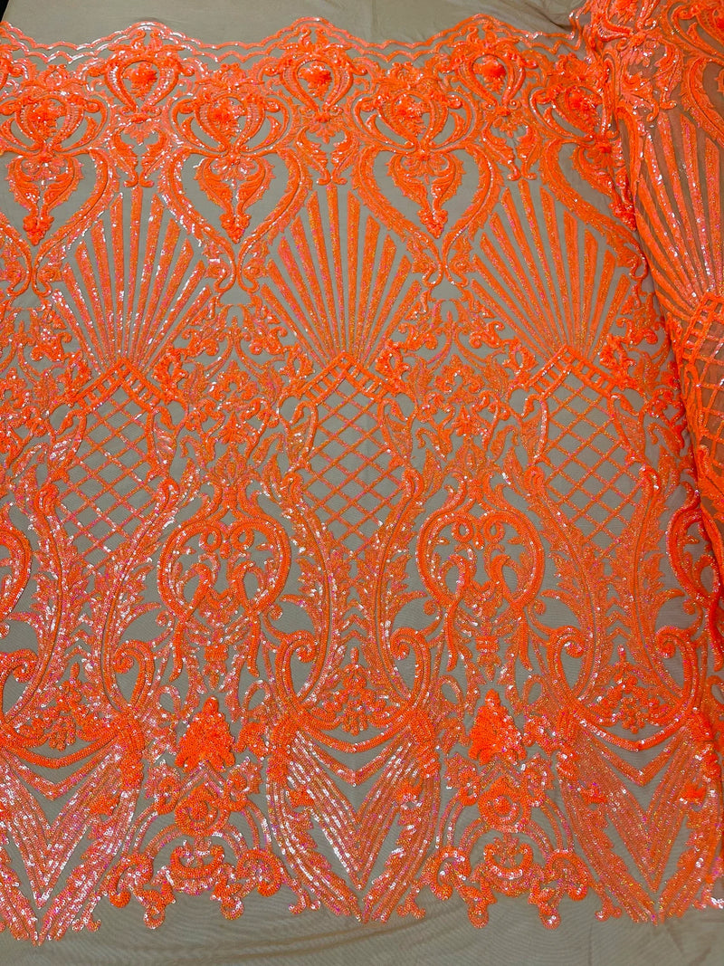 Damask Geometric Sequins - Orange on Nude - 4 Way Stretch Sequins Design Sold By Yard