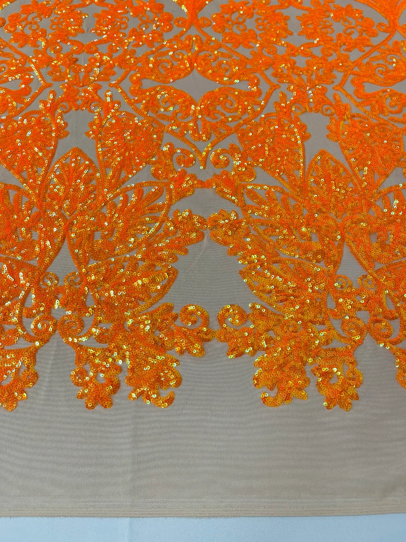 Damask Small Heart Design - Orange on Nude - Floral Heart Design Sequins on Mesh By Yard