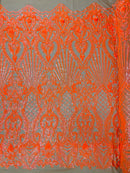 Damask Geometric Sequins - Orange on Nude - 4 Way Stretch Sequins Design Sold By Yard