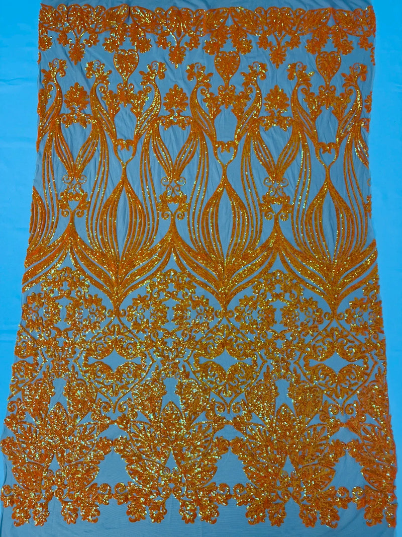 Damask Small Heart Design - Orange on Nude - Floral Heart Design Sequins on Mesh By Yard