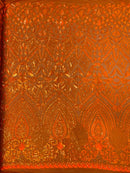 Geometric Design Fabric - Orange - 4 Way Stretch Embroidered Design Sequins Fabric By Yard