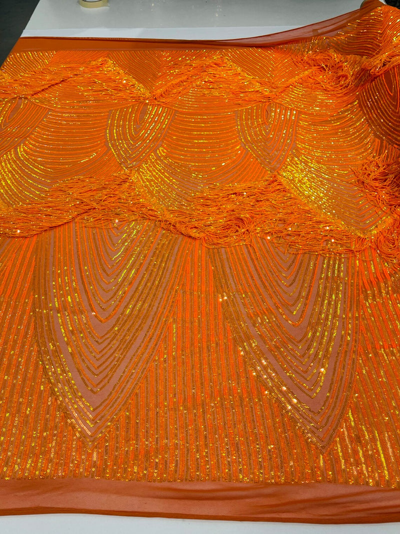 Fringe Sequins Design - Orange - Fringe Design Embroidered on a  4 Way Stretch Lace Mesh (Pick A Size)