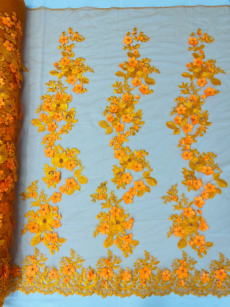 3D Rose Plant Fabric - Orange - Embroidered Flower Design Rose Fabric Sold by Yard
