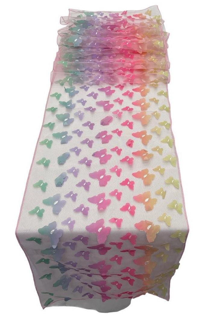 3D Butterfly Table Runner - Pastel Rainbow - 12" x 90" 3D Butterfly Mesh Runner