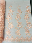 3D Rose Plant Fabric - Peach - Embroidered Flower Design Rose Fabric Sold by Yard